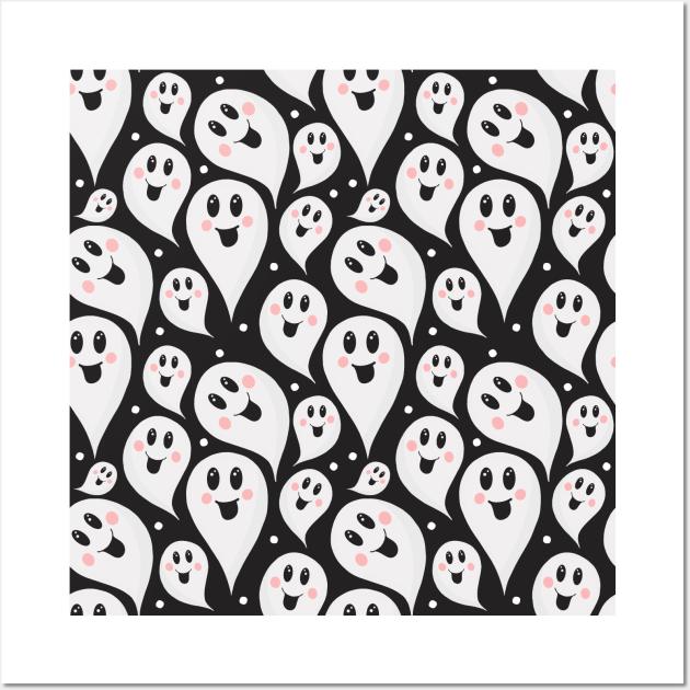 Black And White Halloween Ghosts Pattern Wall Art by teevisionshop